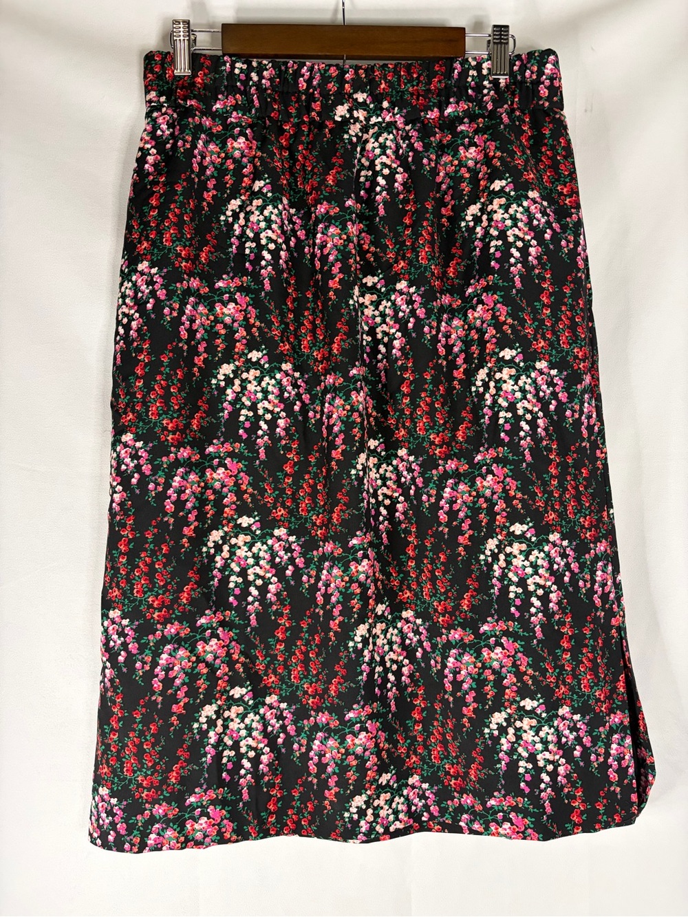 J. Crew Black Midi Skirt with Pink & Red Floral Print